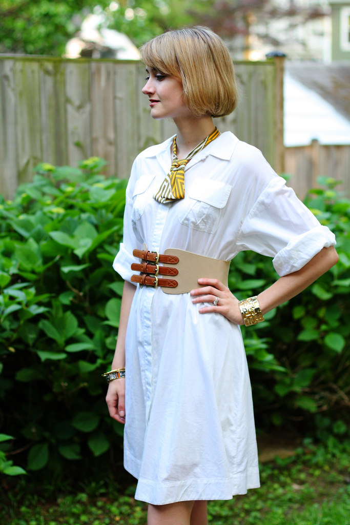 white shirt dress and lady tie