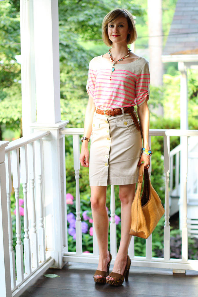 striped Banana Republic top and khaki skirt