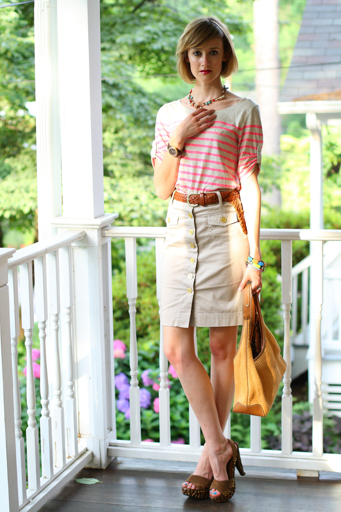 striped Banana Republic top and khaki skirt