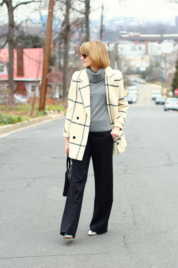 window pane plaid coat and wide-legged pants