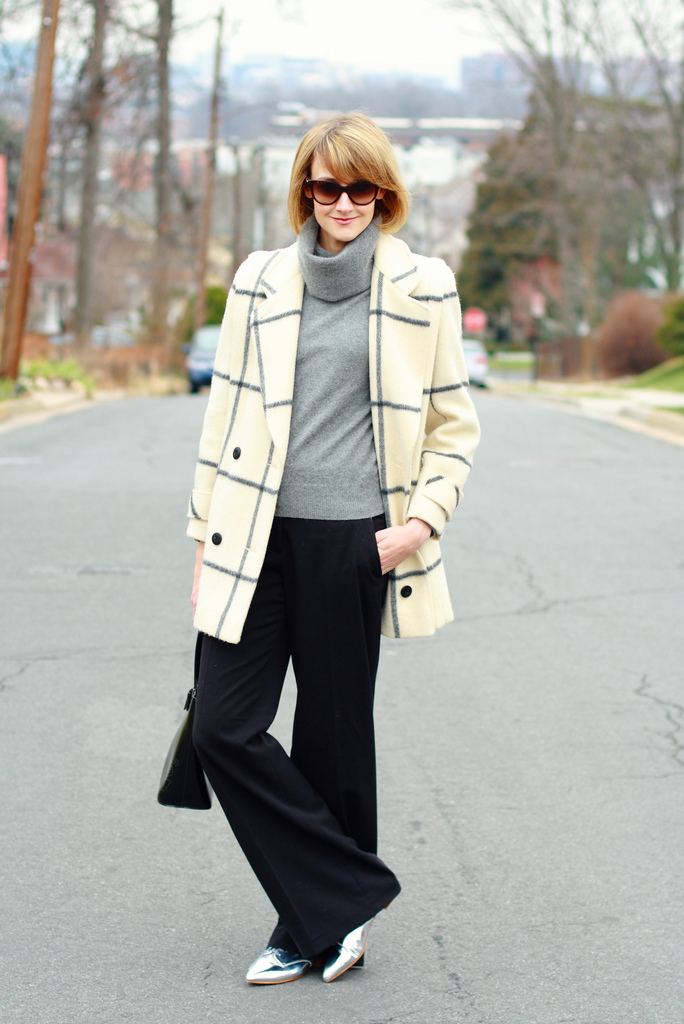 window pane plaid coat and wide-legged pants