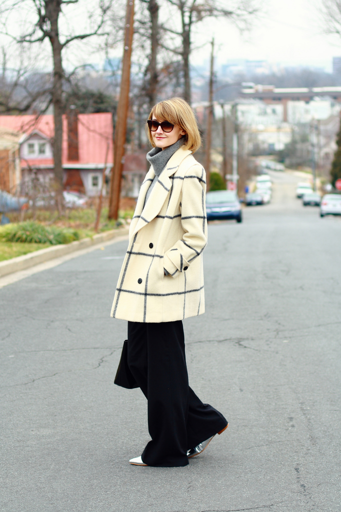 window pane plaid coat and wide-legged pants