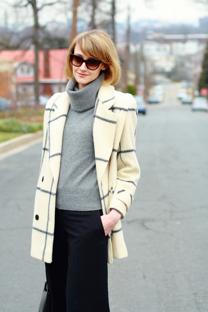 window pane plaid coat and wide-legged pants