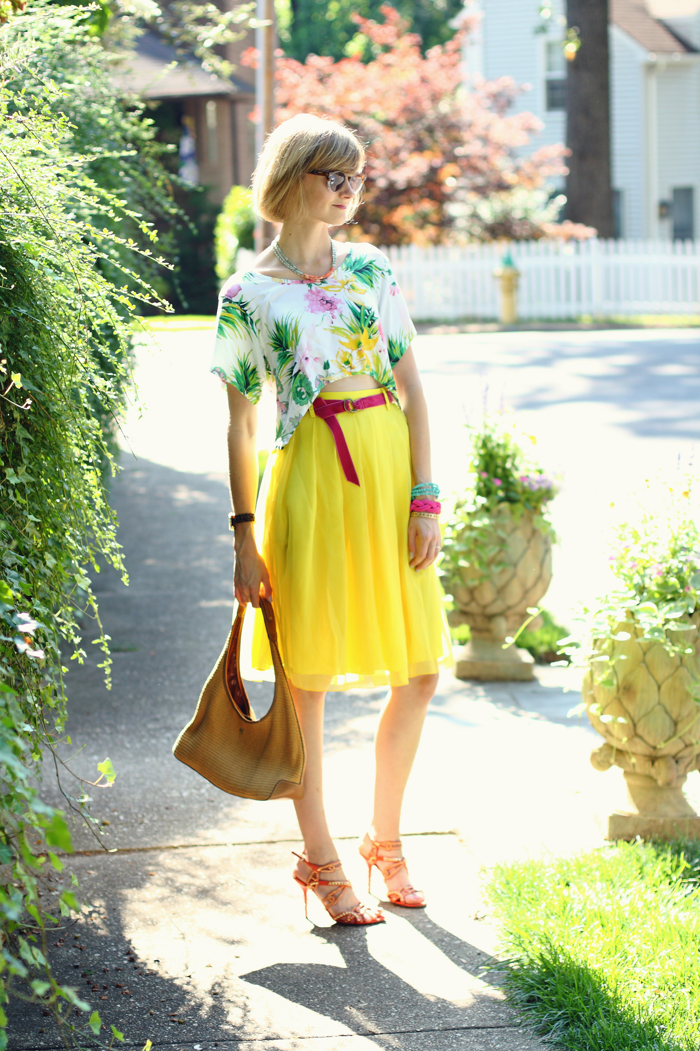 tropical top and yellow skirt