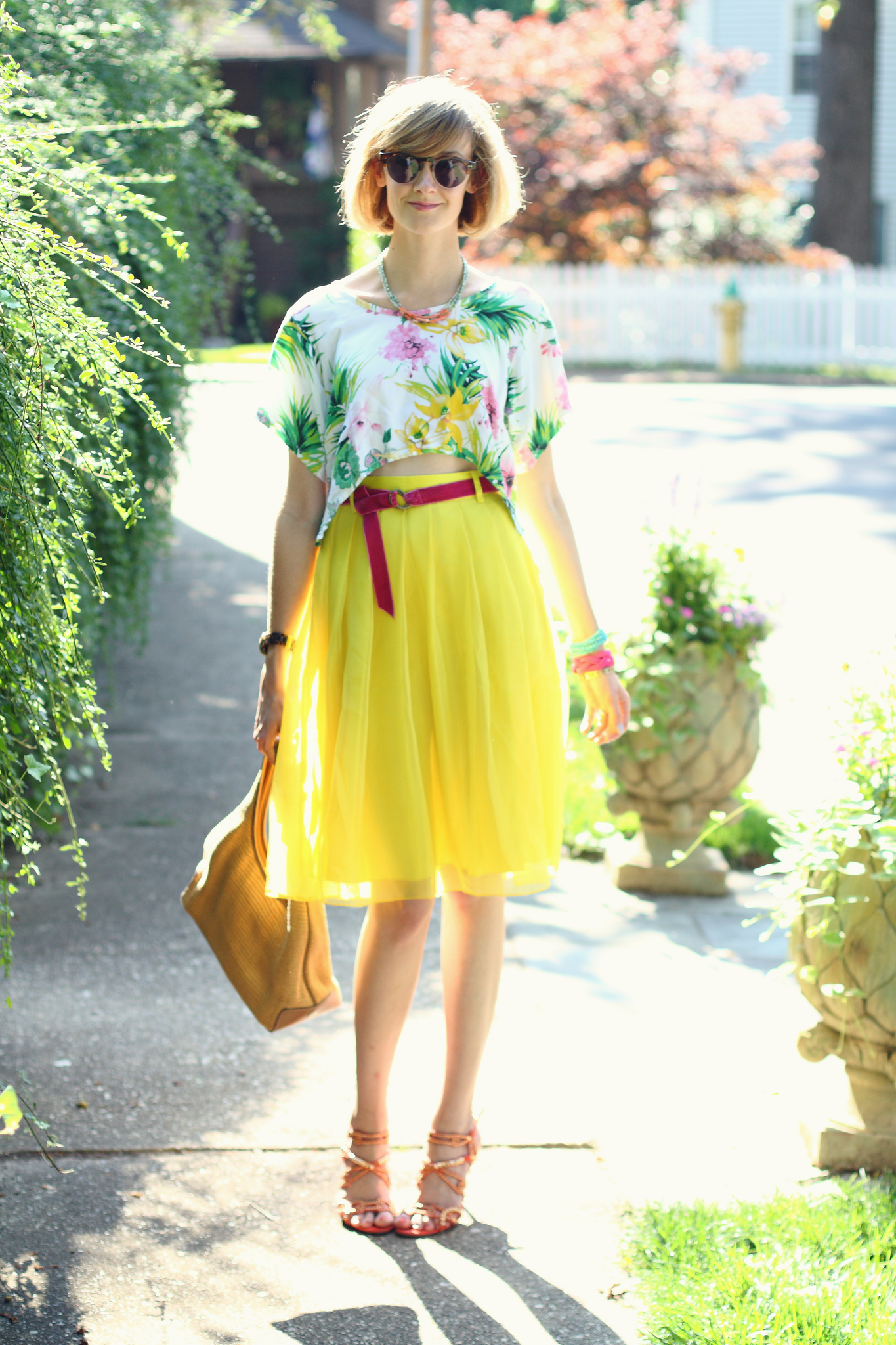 tropical top and yellow skirt