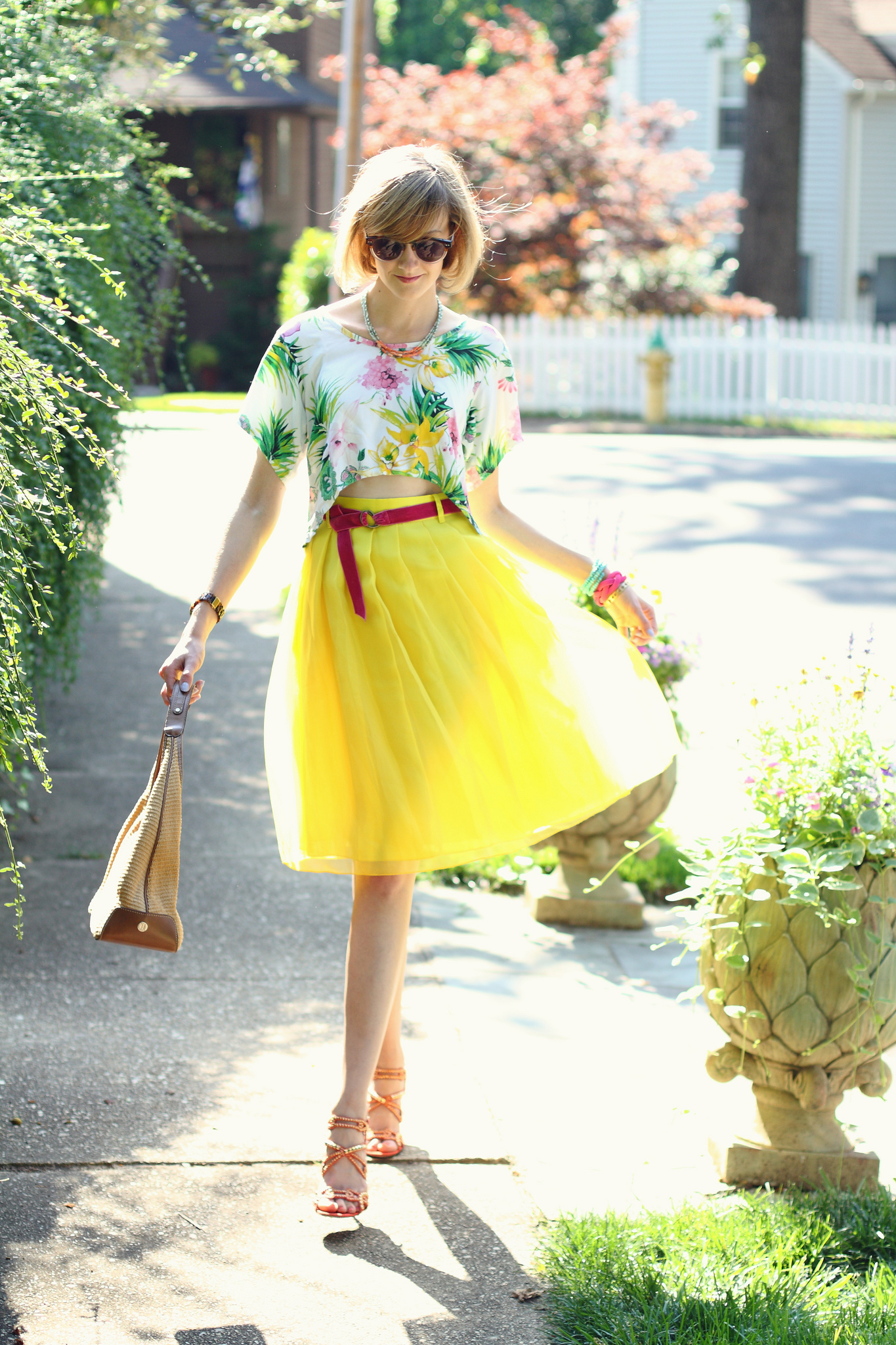 tropical top and yellow skirt