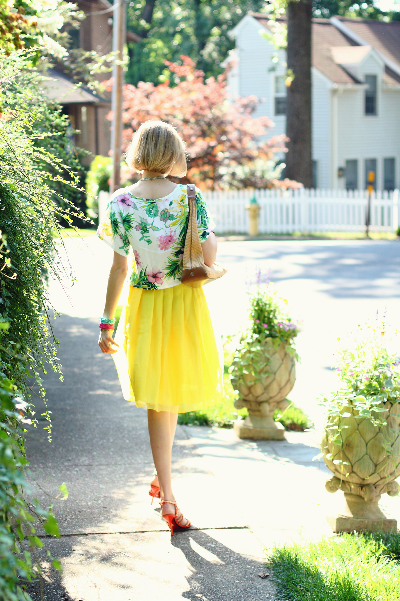 tropical top and yellow skirt