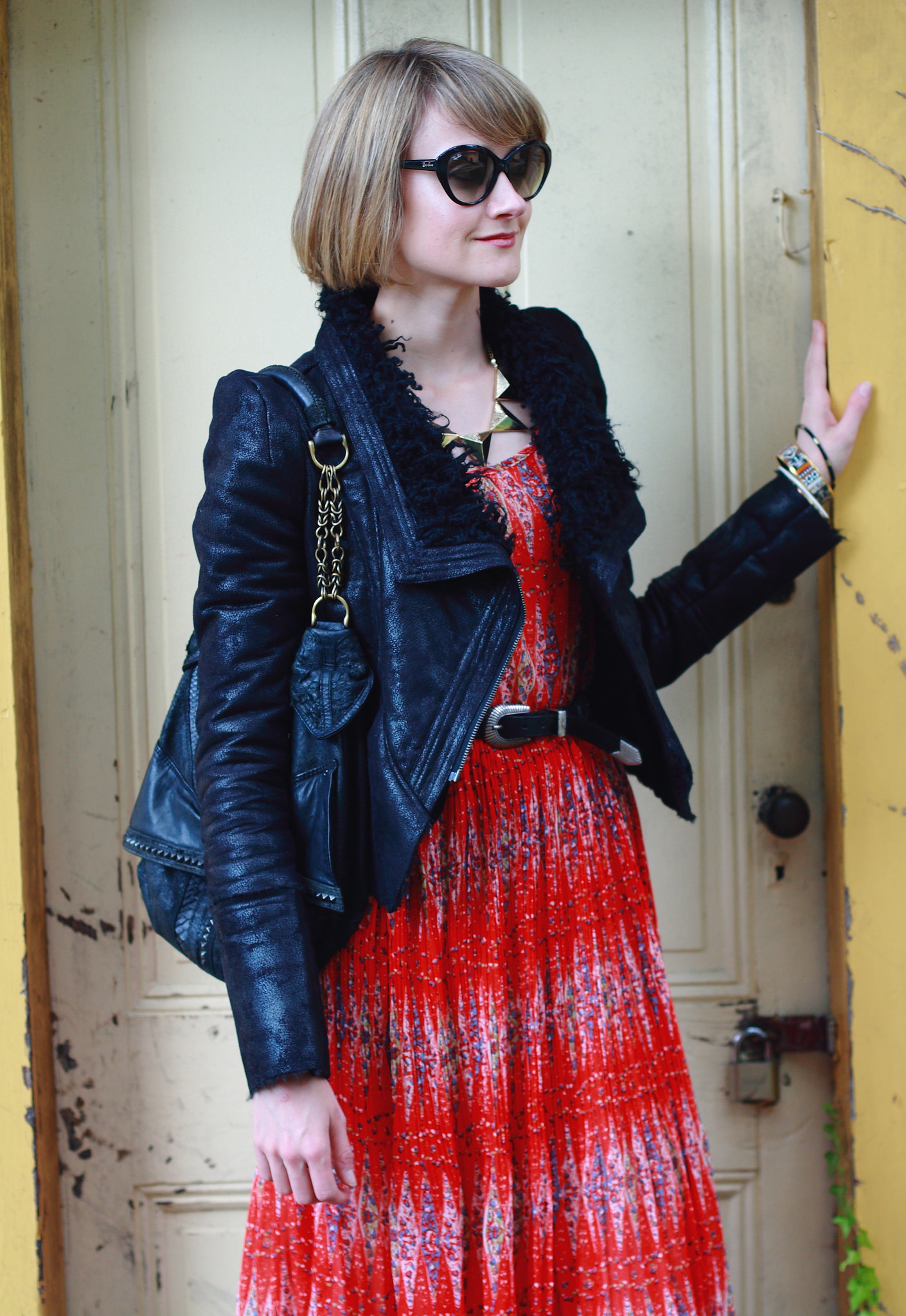 Romwe leather jacket and red dress