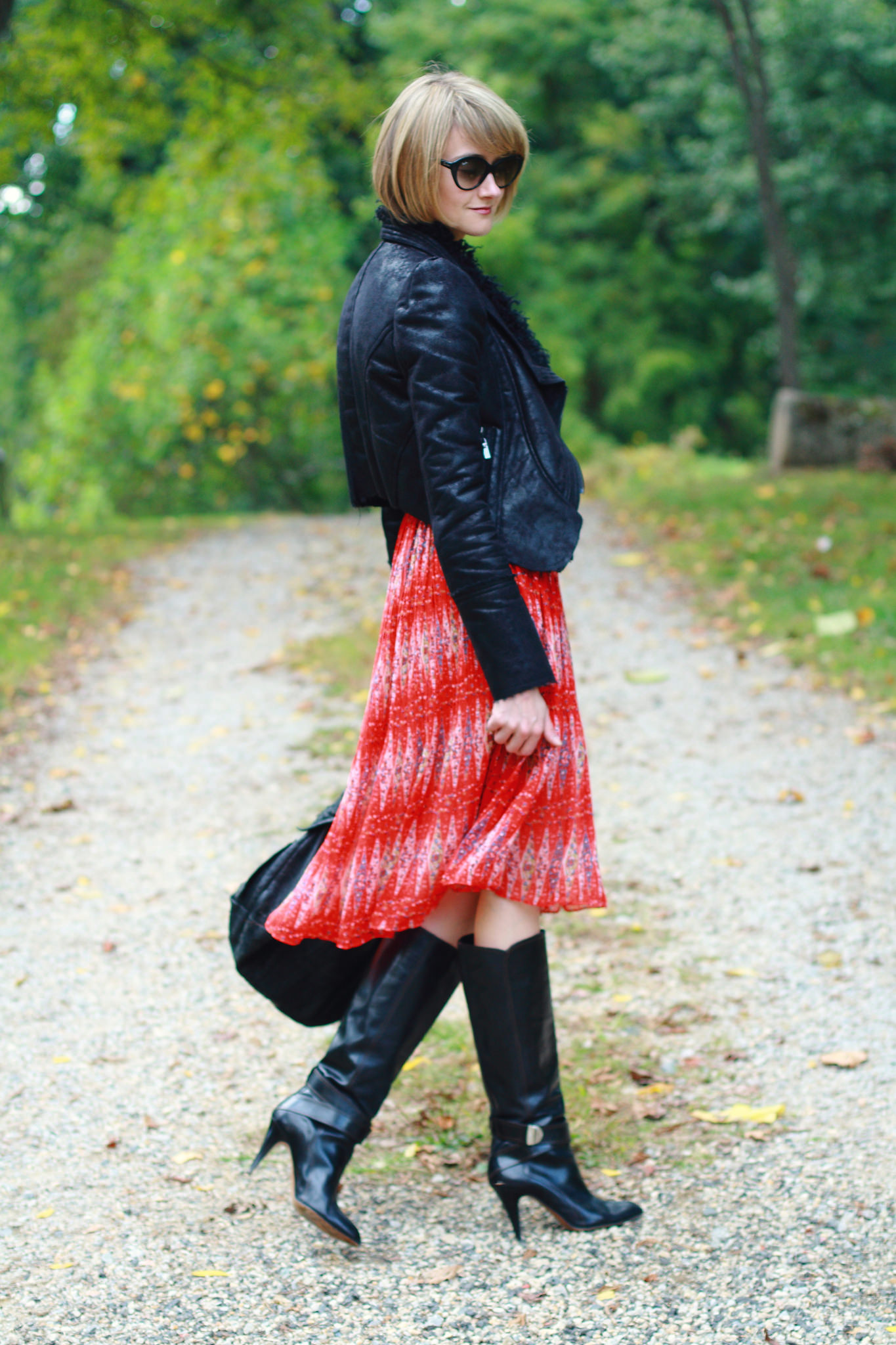 Romwe leather jacket and red dress