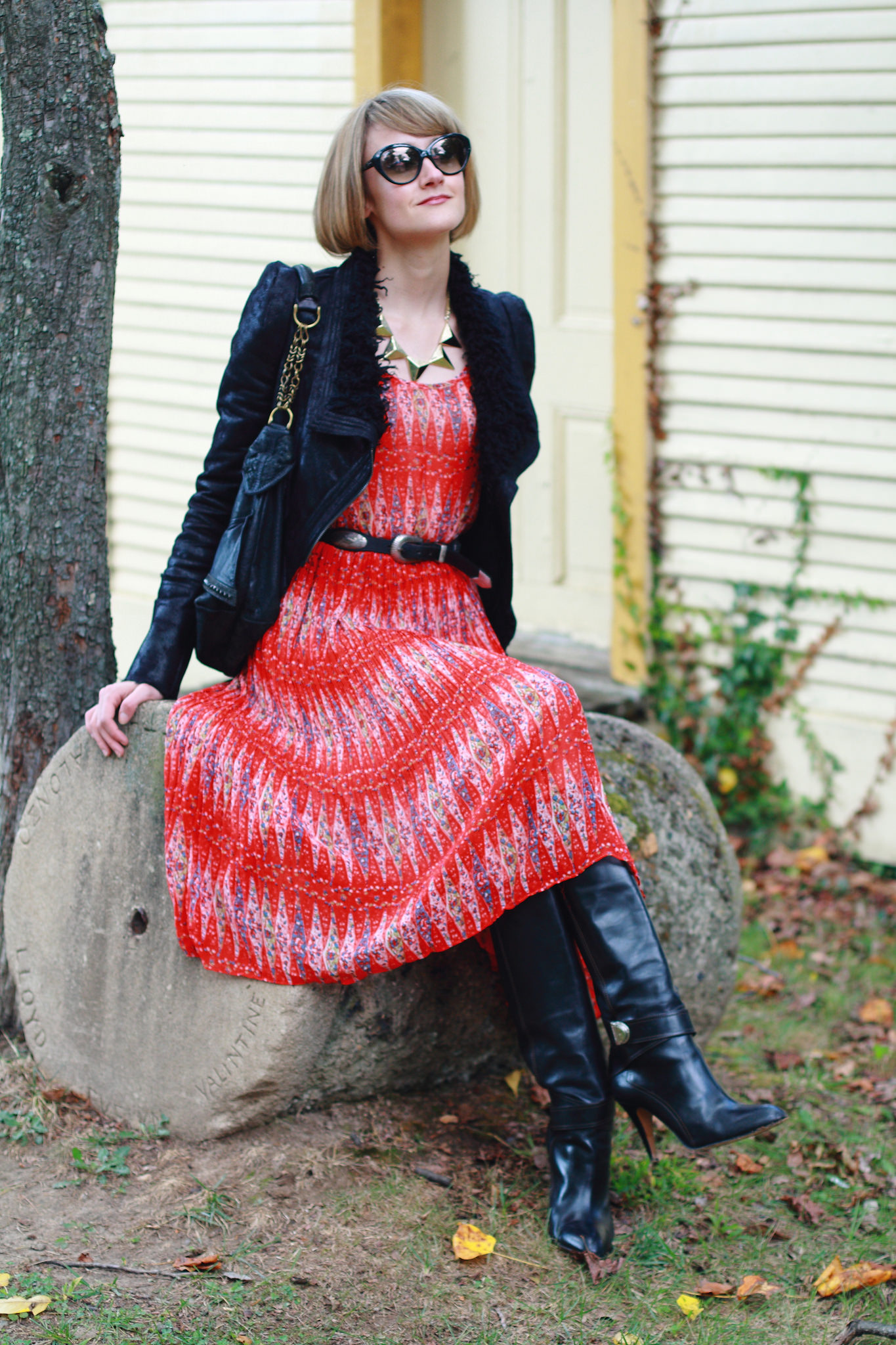 Romwe leather jacket, red dress, and Karen Millen boots