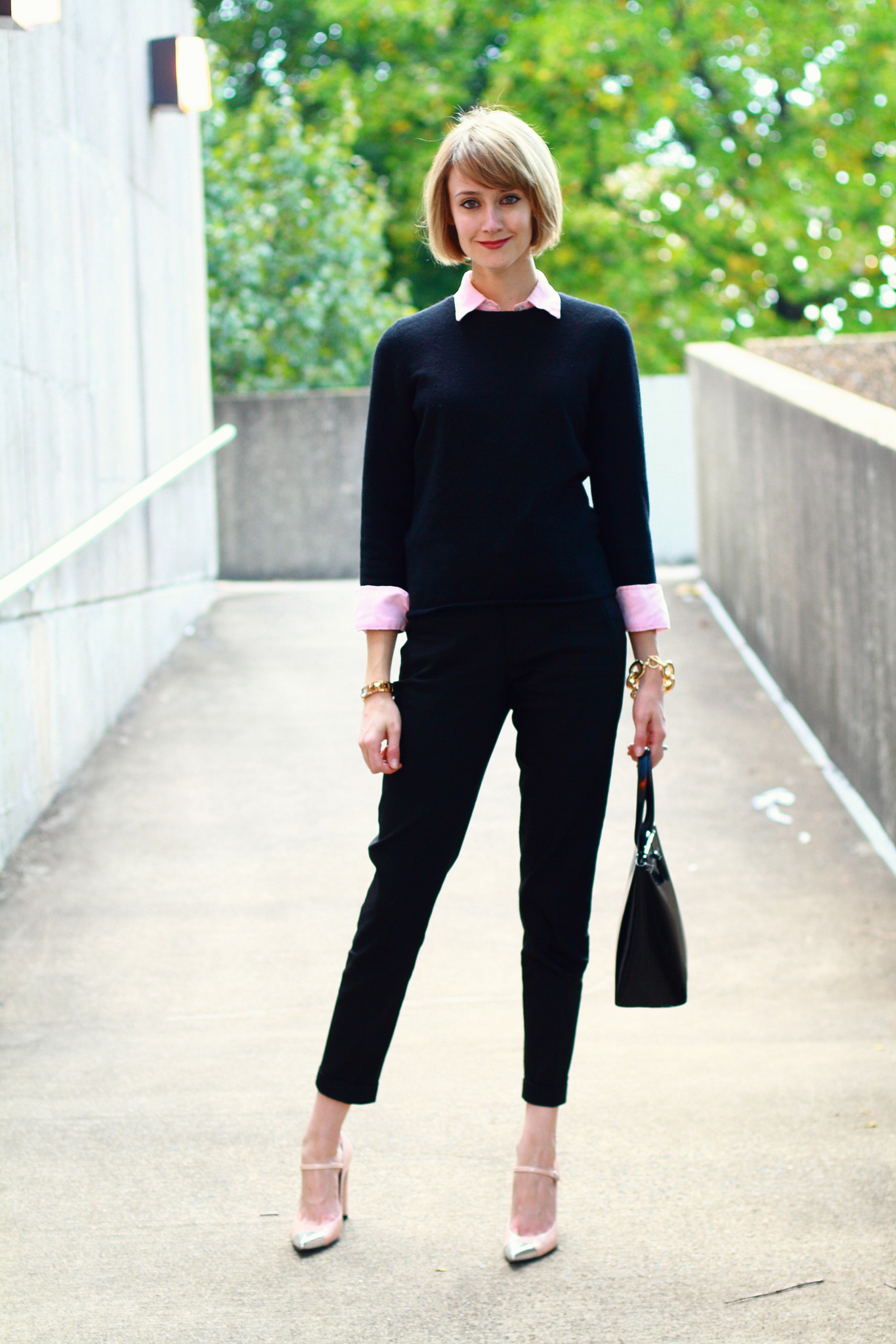 pink and black work outfit
