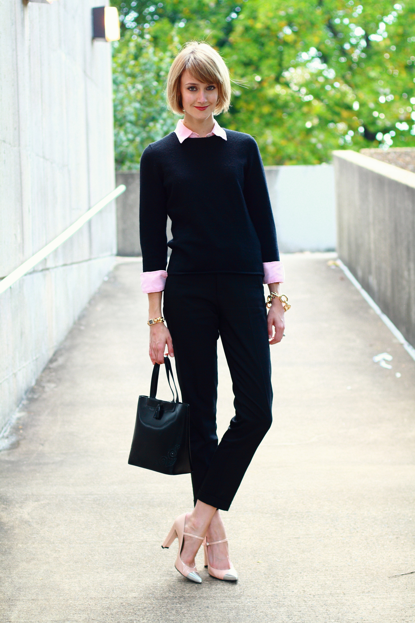 pink and black work outfit