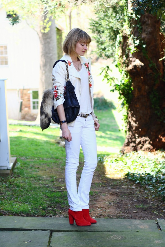 embroidered blazer and white jeans