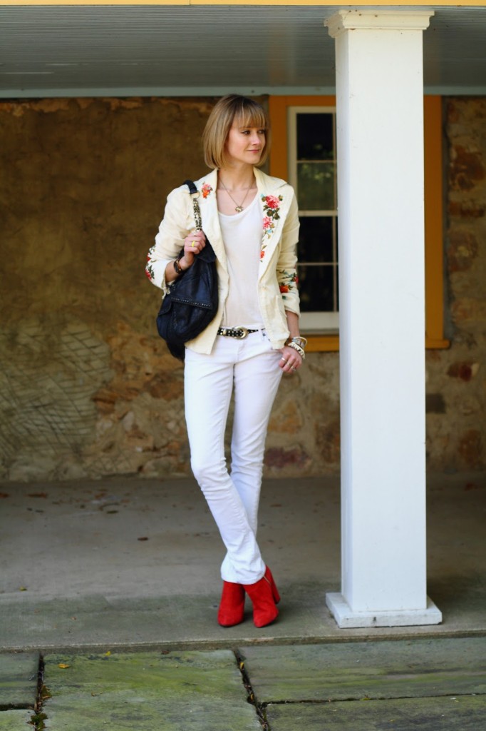 white jeans and red ankle boots