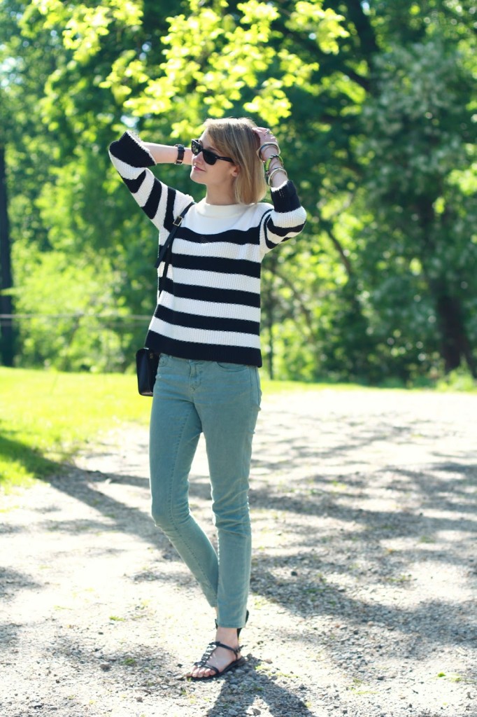 striped sweater and mint jeans