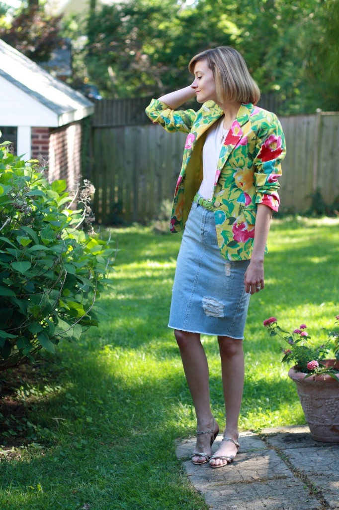 District of Chic floral blazer + denim skirt