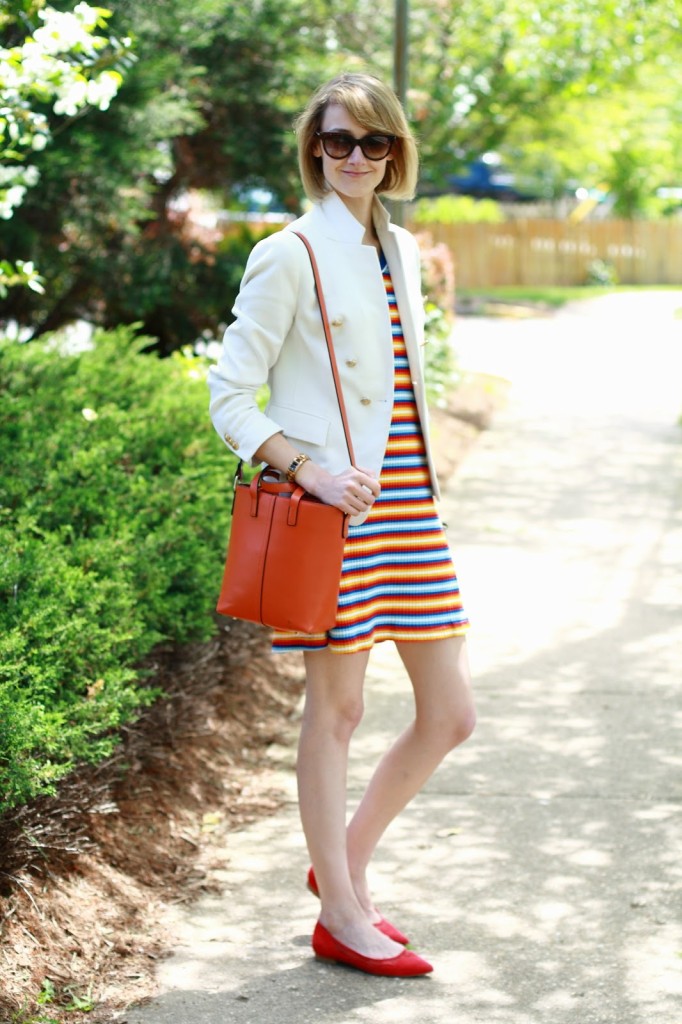 white Zara blazer and thrifted striped dress