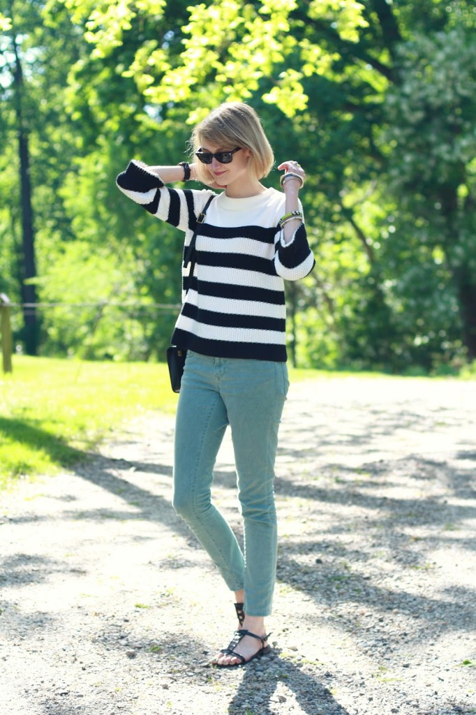 striped sweater and mint jeans