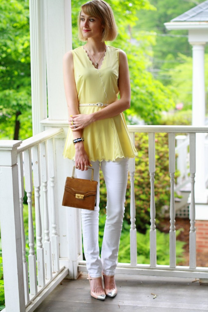 vintage yellow top and white jeans