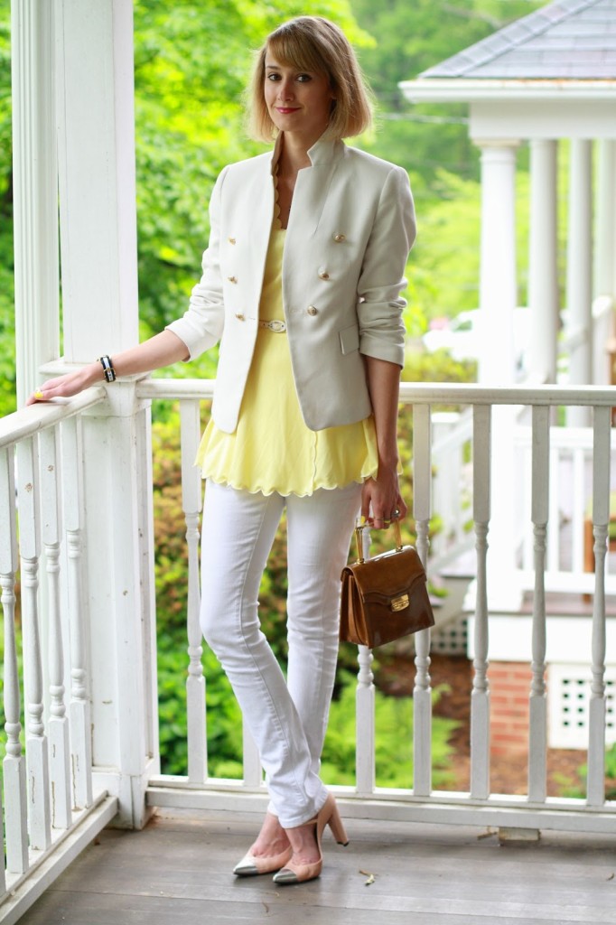 vintage yellow top and white jeans