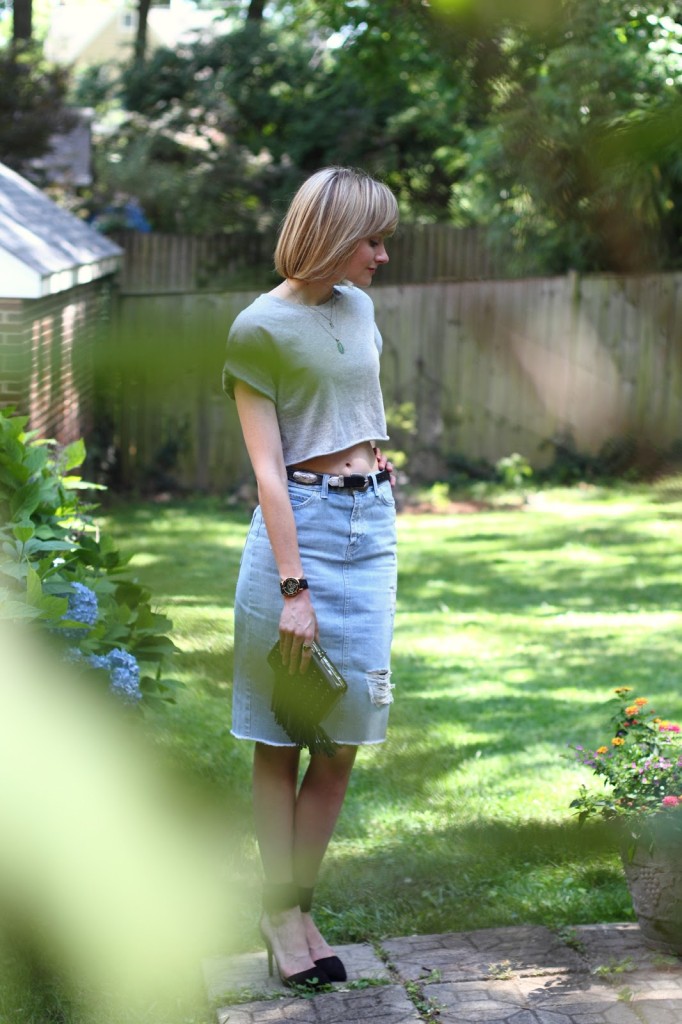 crop top and distressed denim skirt