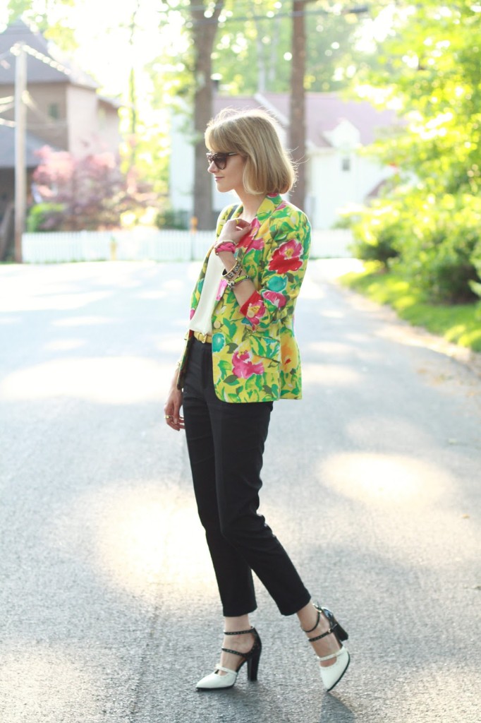 floral blazer and two-tone shoes