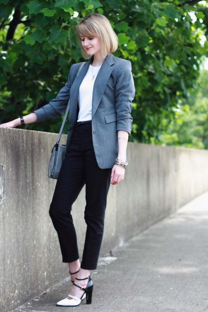 gray blazer and black pants work outfit