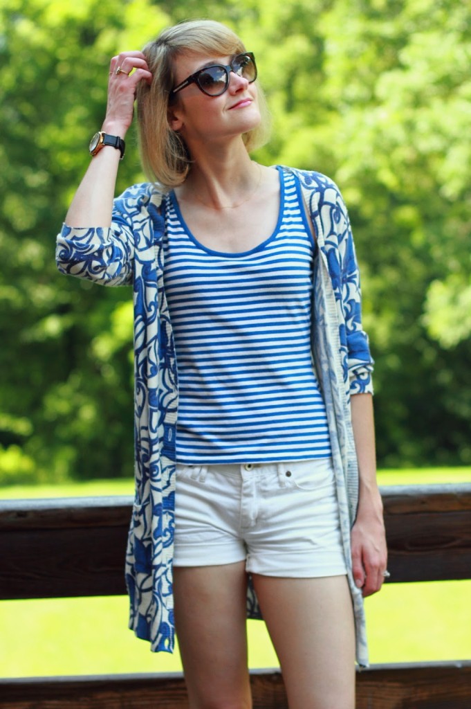 blue and white stripes and denim shorts