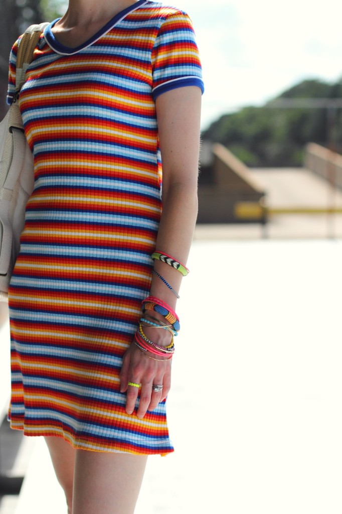 striped t-shirt dress and bright jewelry