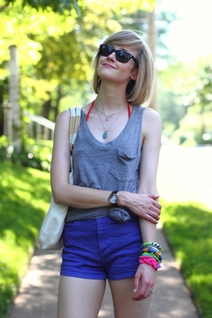 knotted tank top and purple denim shorts