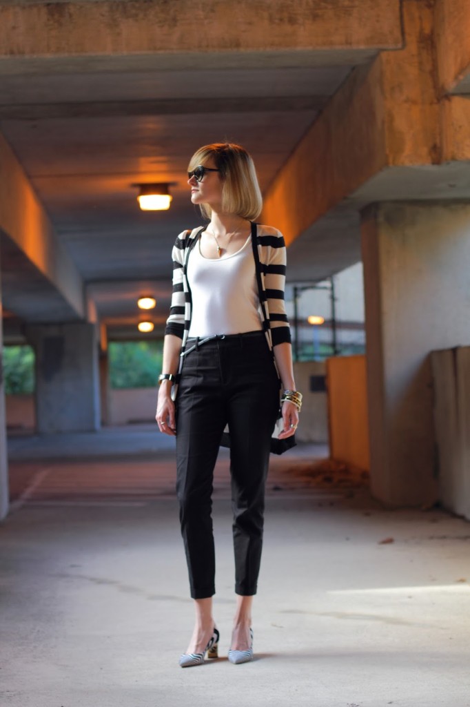 black and white outfit with Nicholas Kirkwood heels