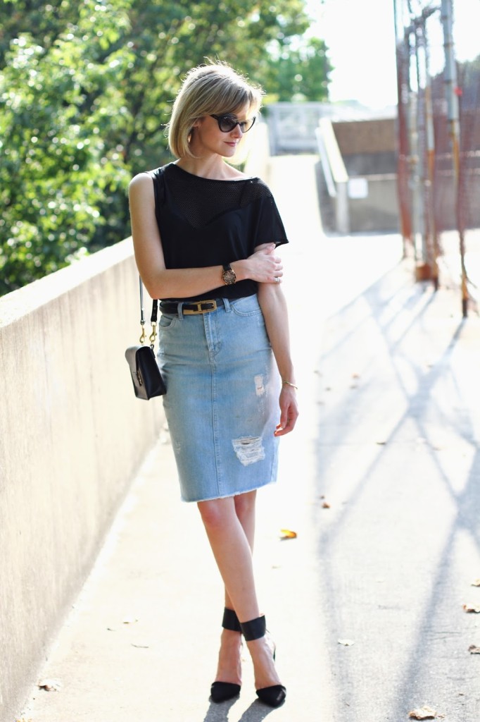 District of Chic: black mesh insert top and distressed denim skirt