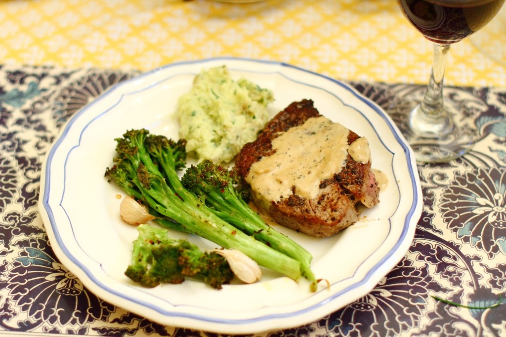 District of Chic Sunday Dinner: Pepper Steak with Roasted Broccoli and Herbed Mashed Potatoes