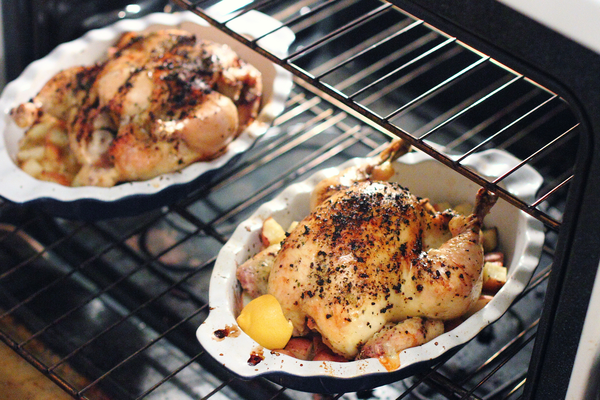 Roast Chicken and Potatoes with Brussels Sprouts and Bacon