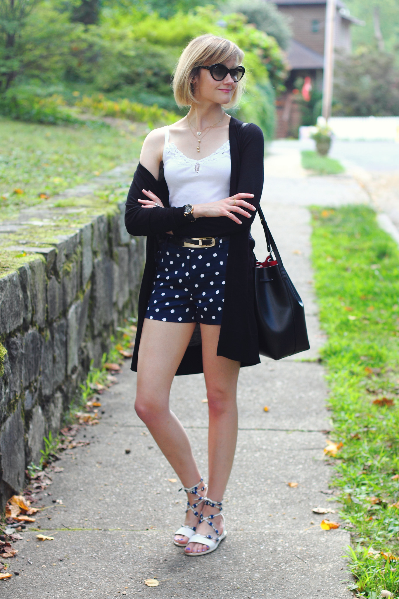 Oasis polka dot shorts and Loeffler Randall sandals