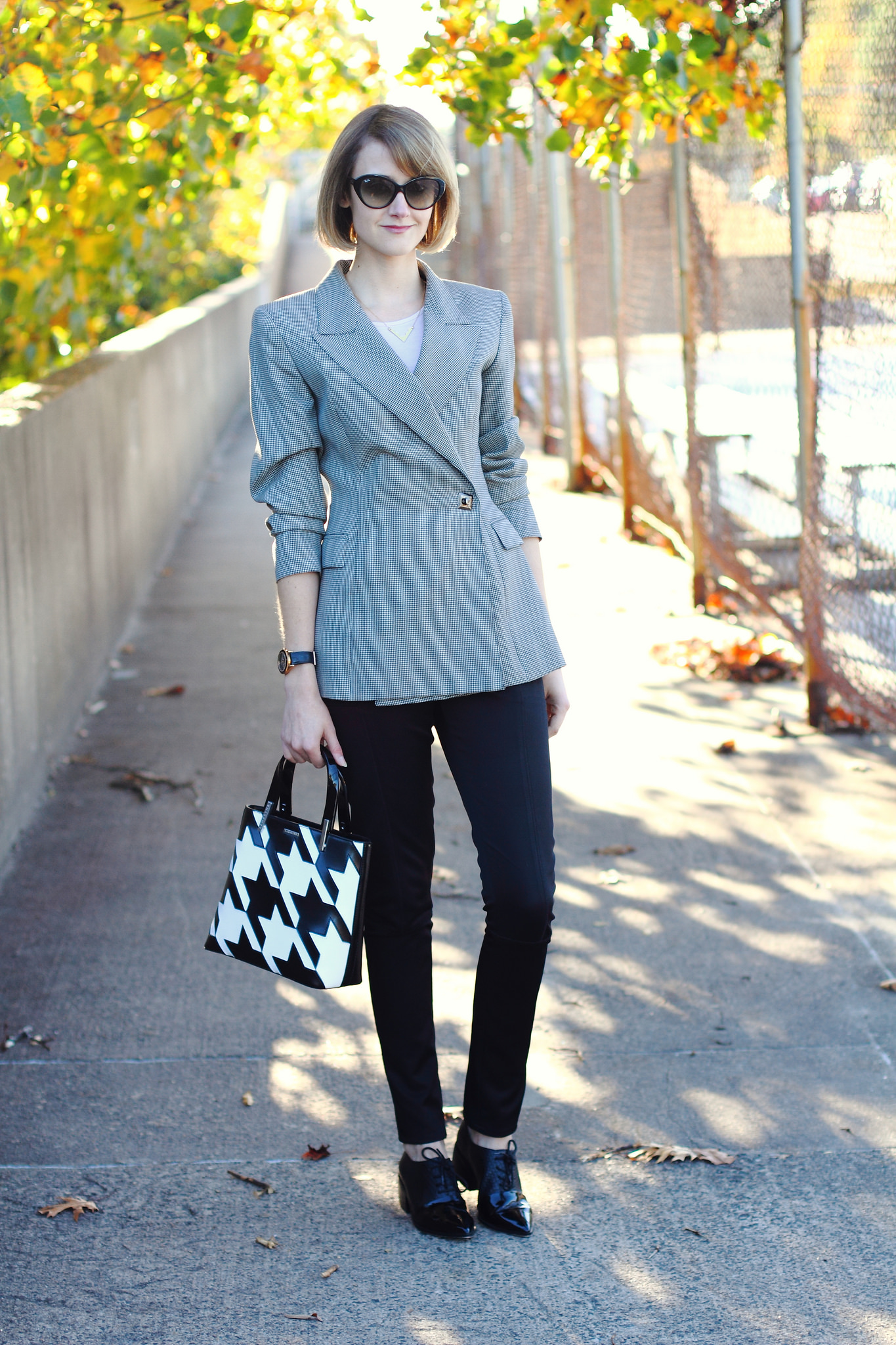 vintage blazer and Lamarthe houndstooth tote