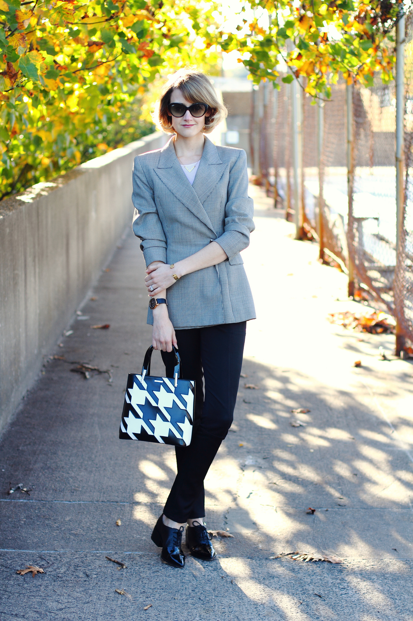 vintage blazer and Lamarthe houndstooth tote