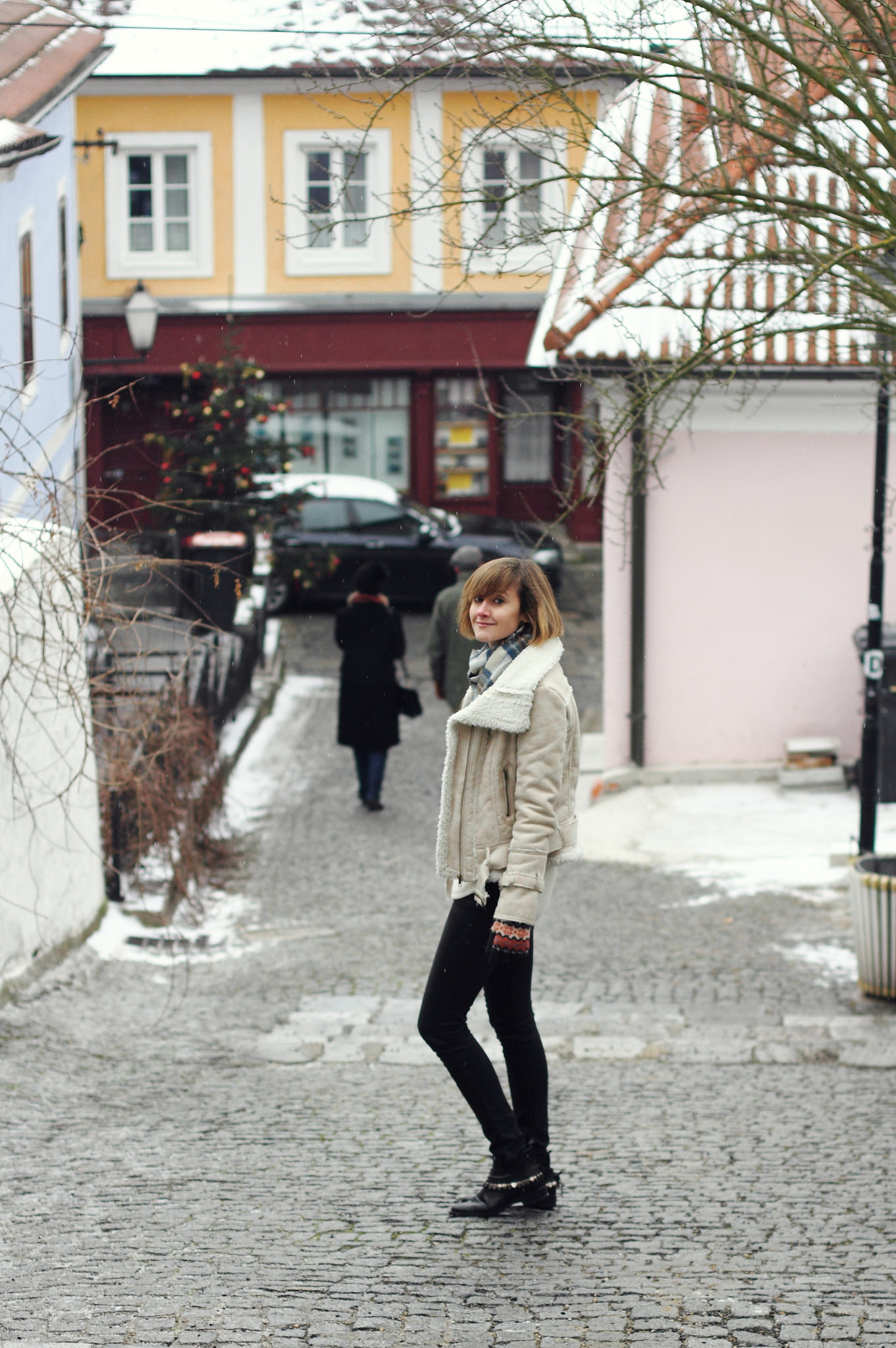 Mango shearling jacket and Freda Salvador boots