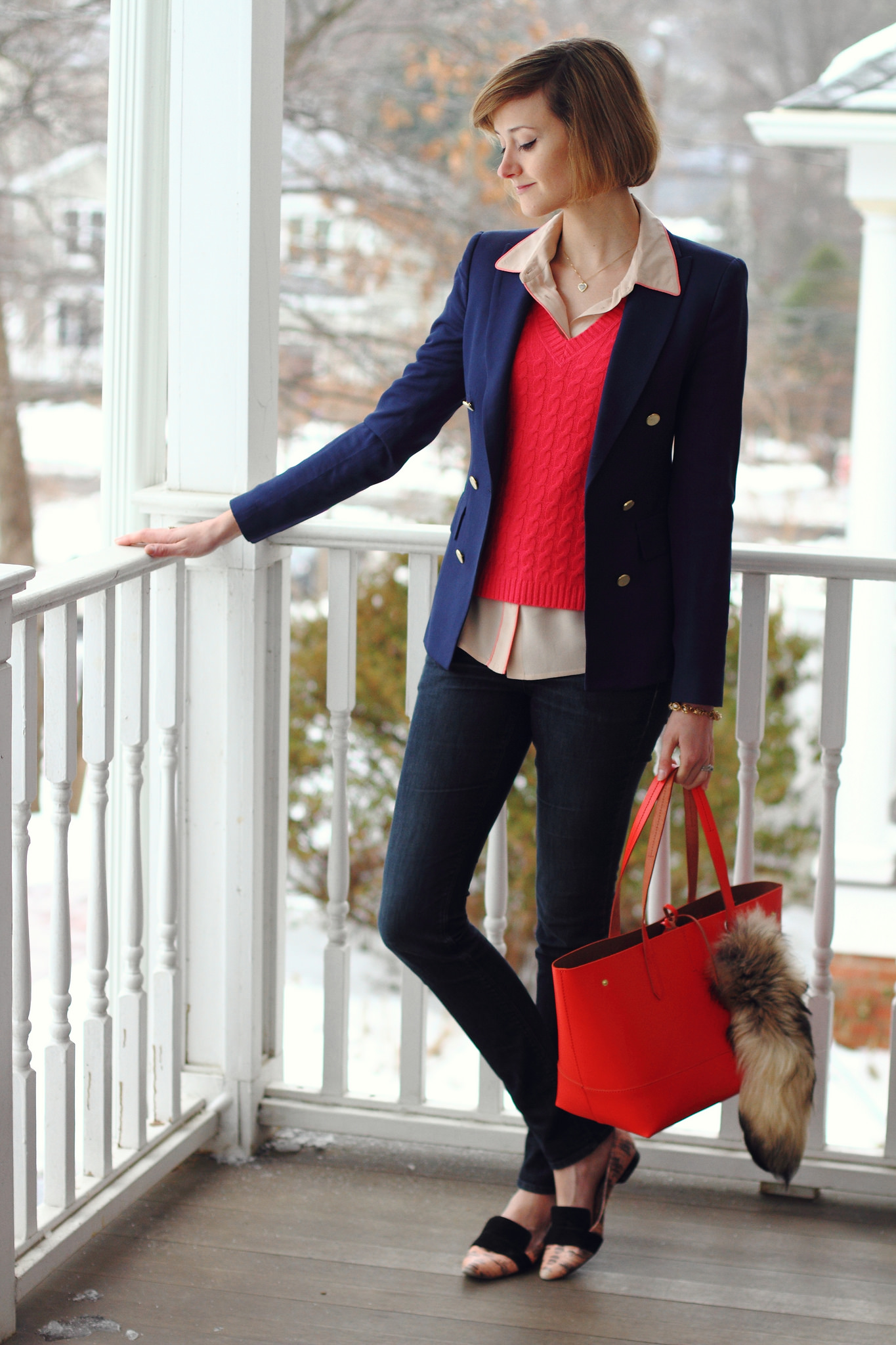 pink Equipment blouse and bright pink sweater