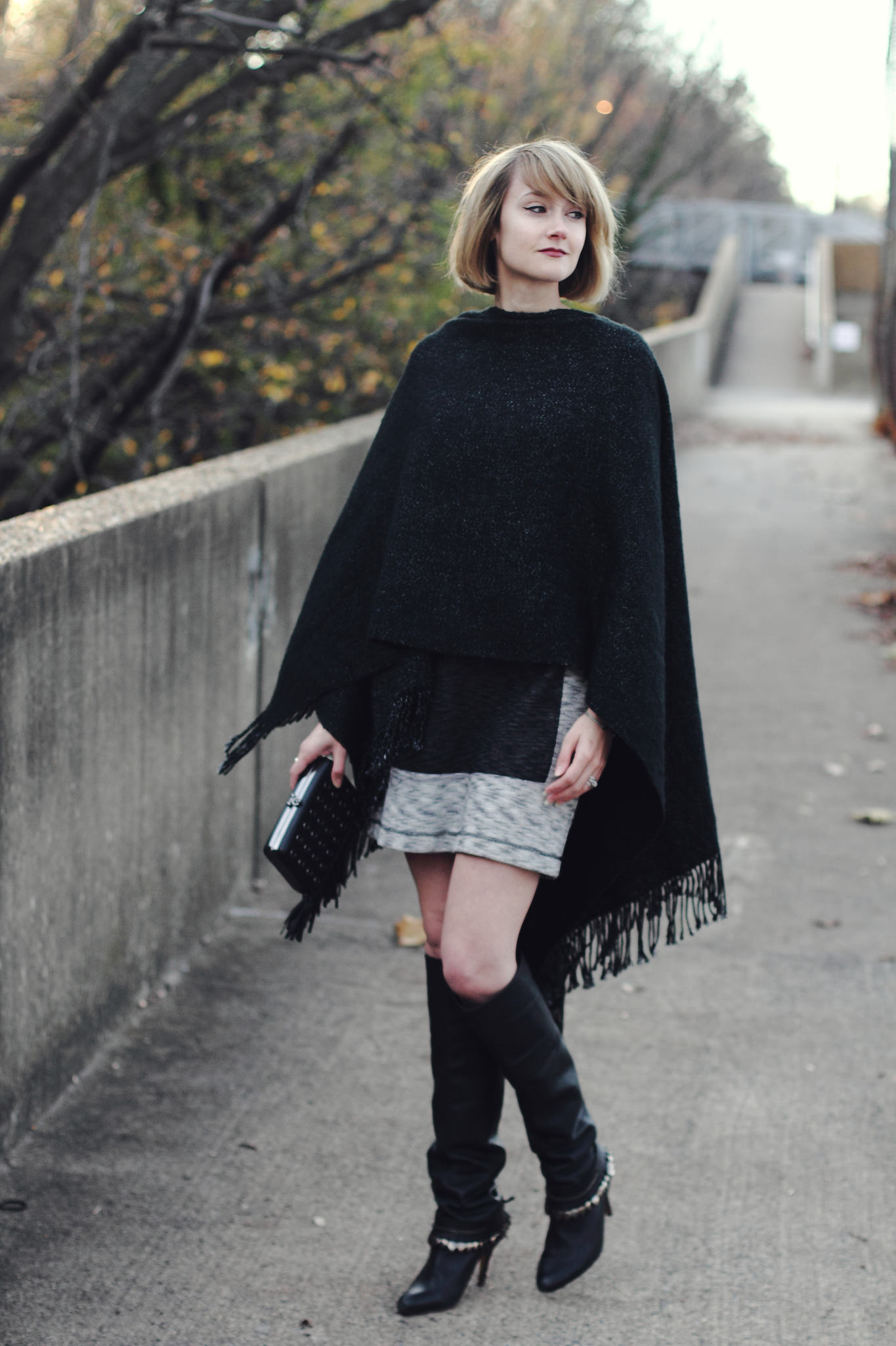 fringe shawl and over the knee boots