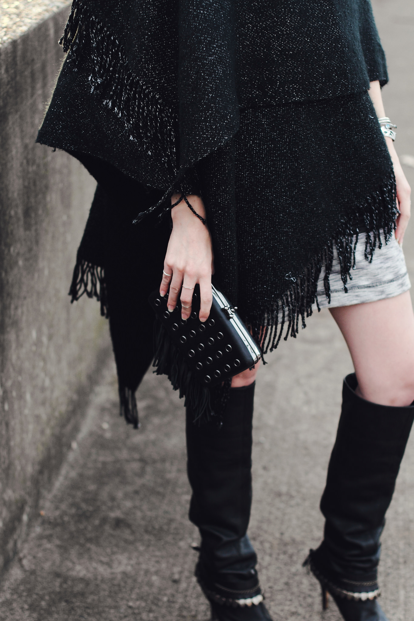 fringe shawl and over the knee boots