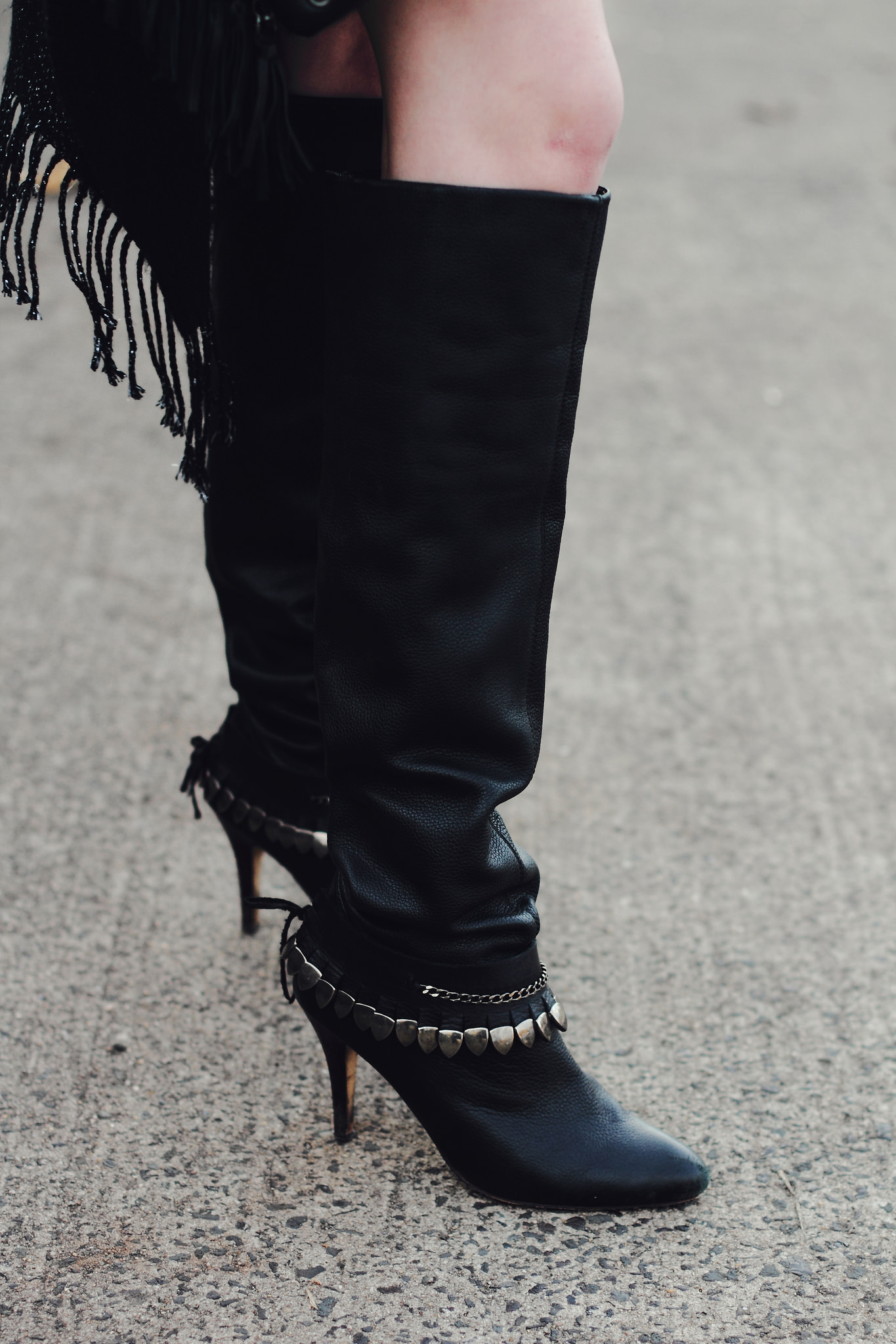 fringe shawl and over the knee boots