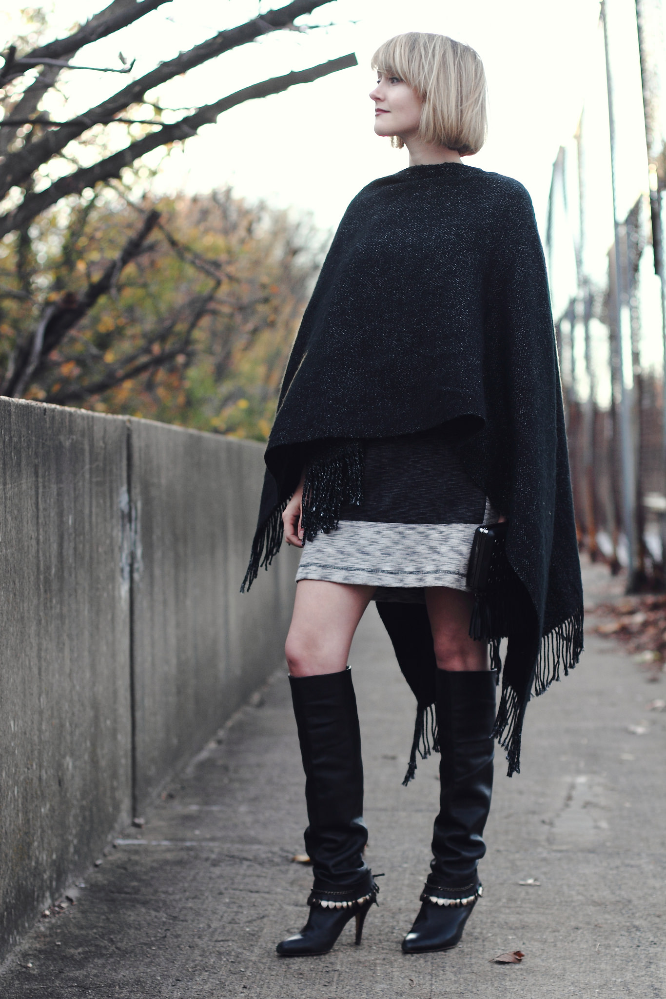 fringe shawl and over the knee boots