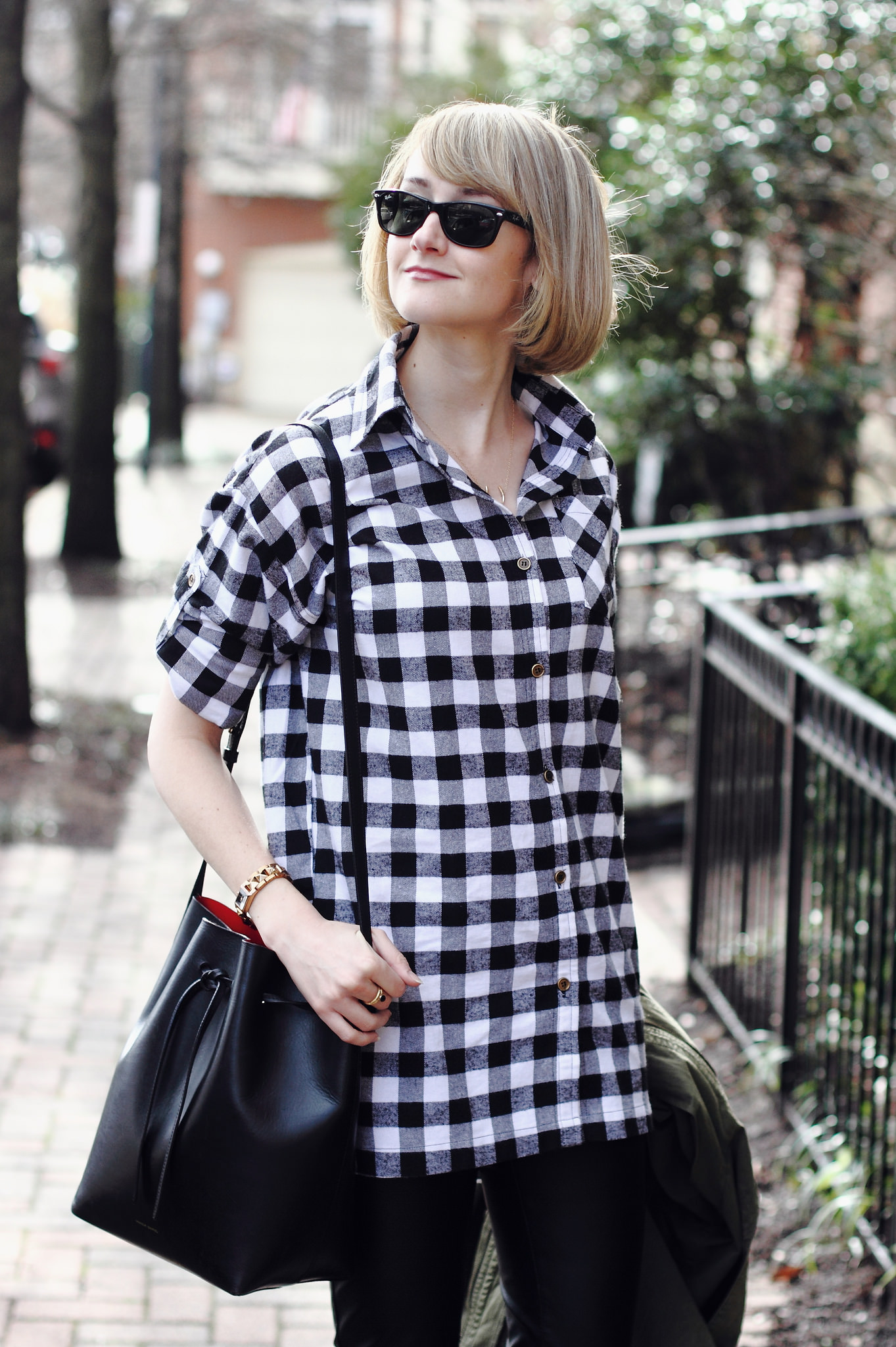 buffalo plaid and Mansur Gavriel bag