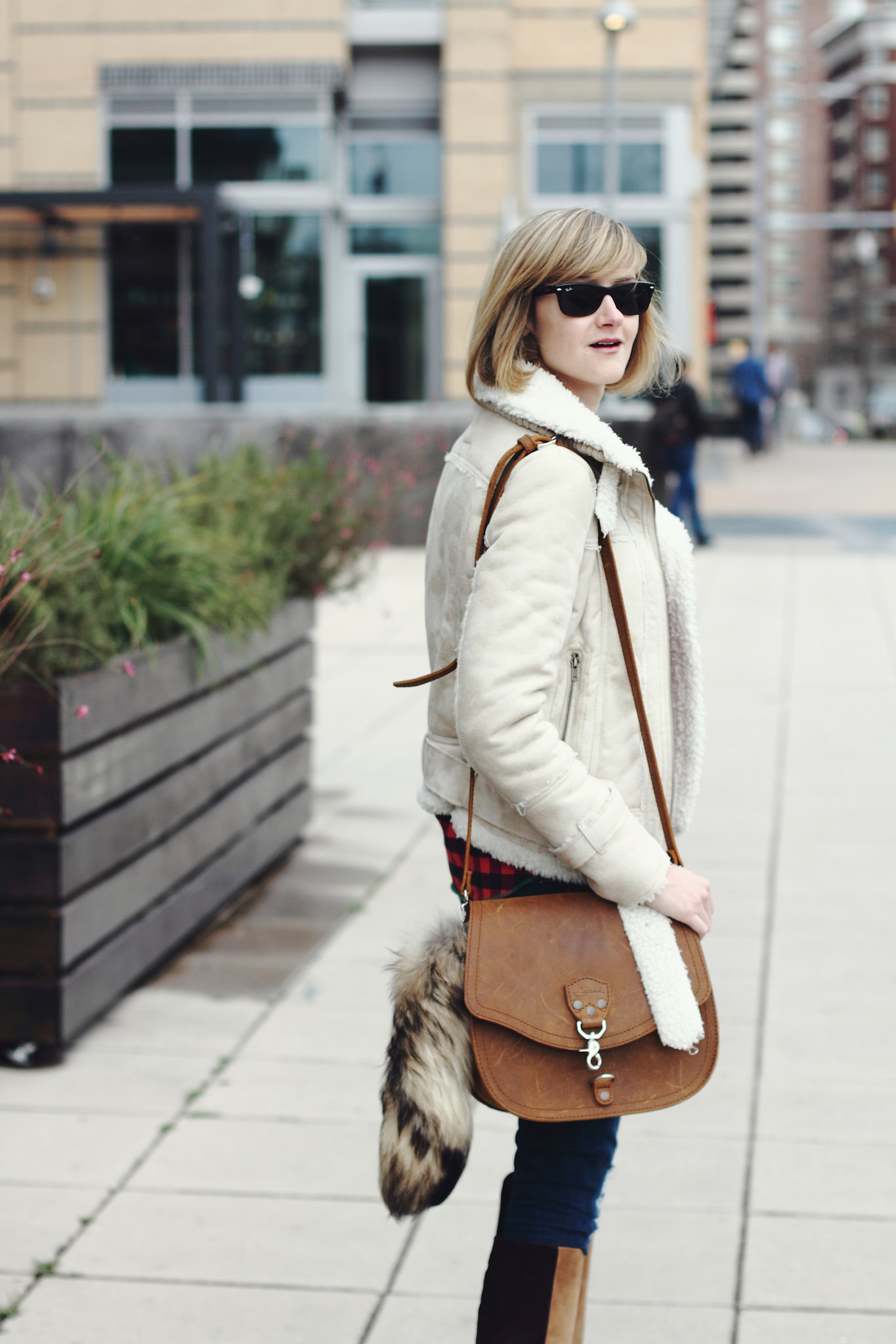 buffalo plaid shirt, Mango shearling jacket, and Saddleback leather bag