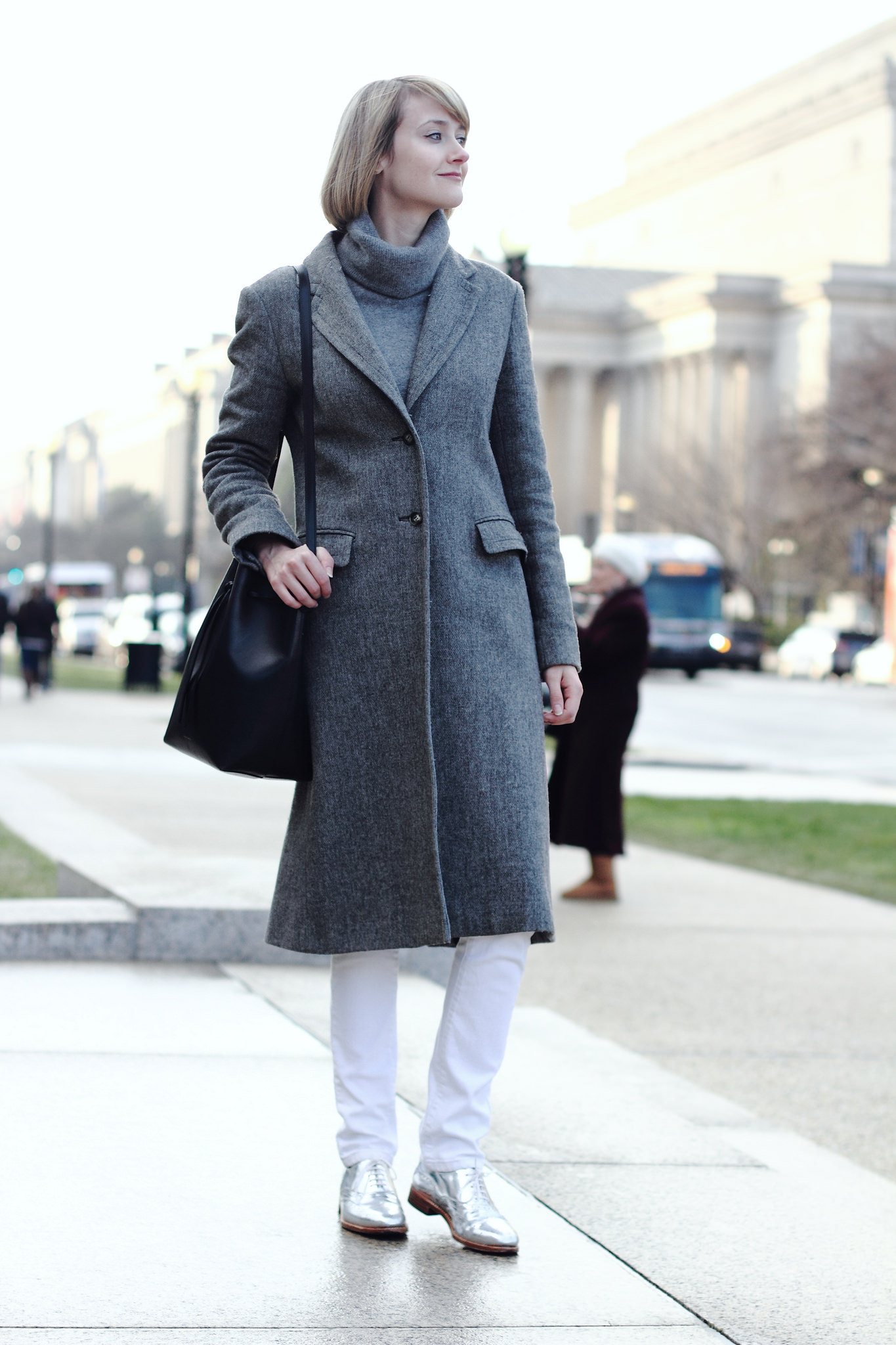 gray French Connection coat and Robert Clergerie brogues