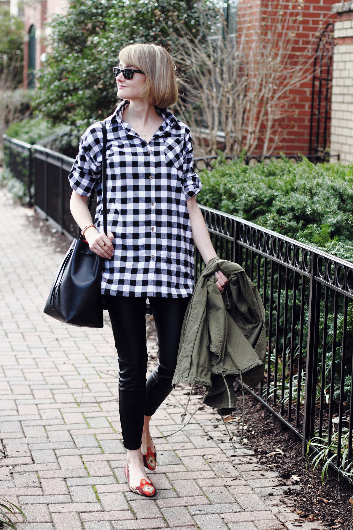 buffalo plaid and faux leather leggings