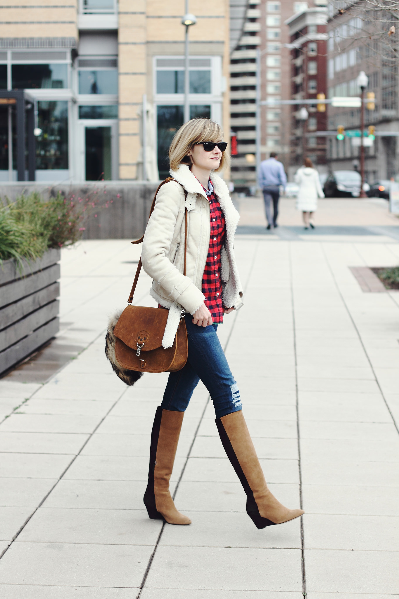 buffalo plaid shirt, Mango shearling jacket, and Saddleback leather bag