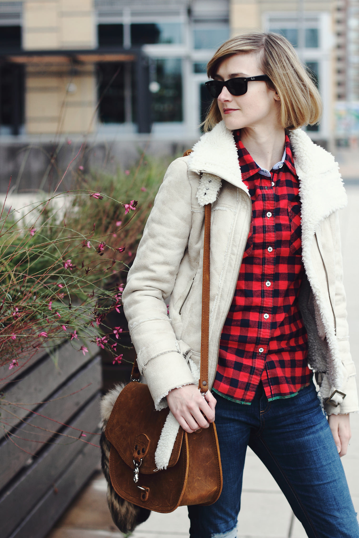 buffalo plaid shirt, Mango shearling jacket, and Saddleback leather bag