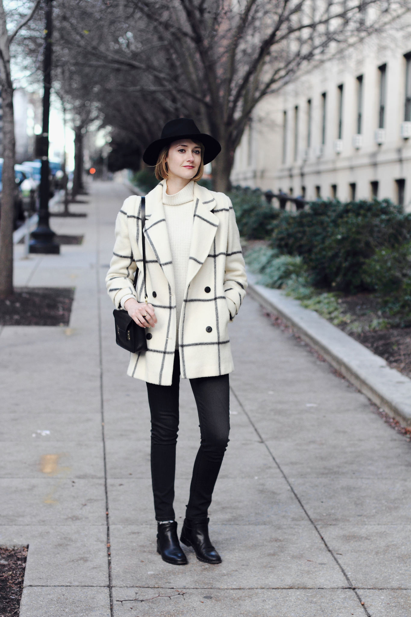 vintage check coat and black jeans